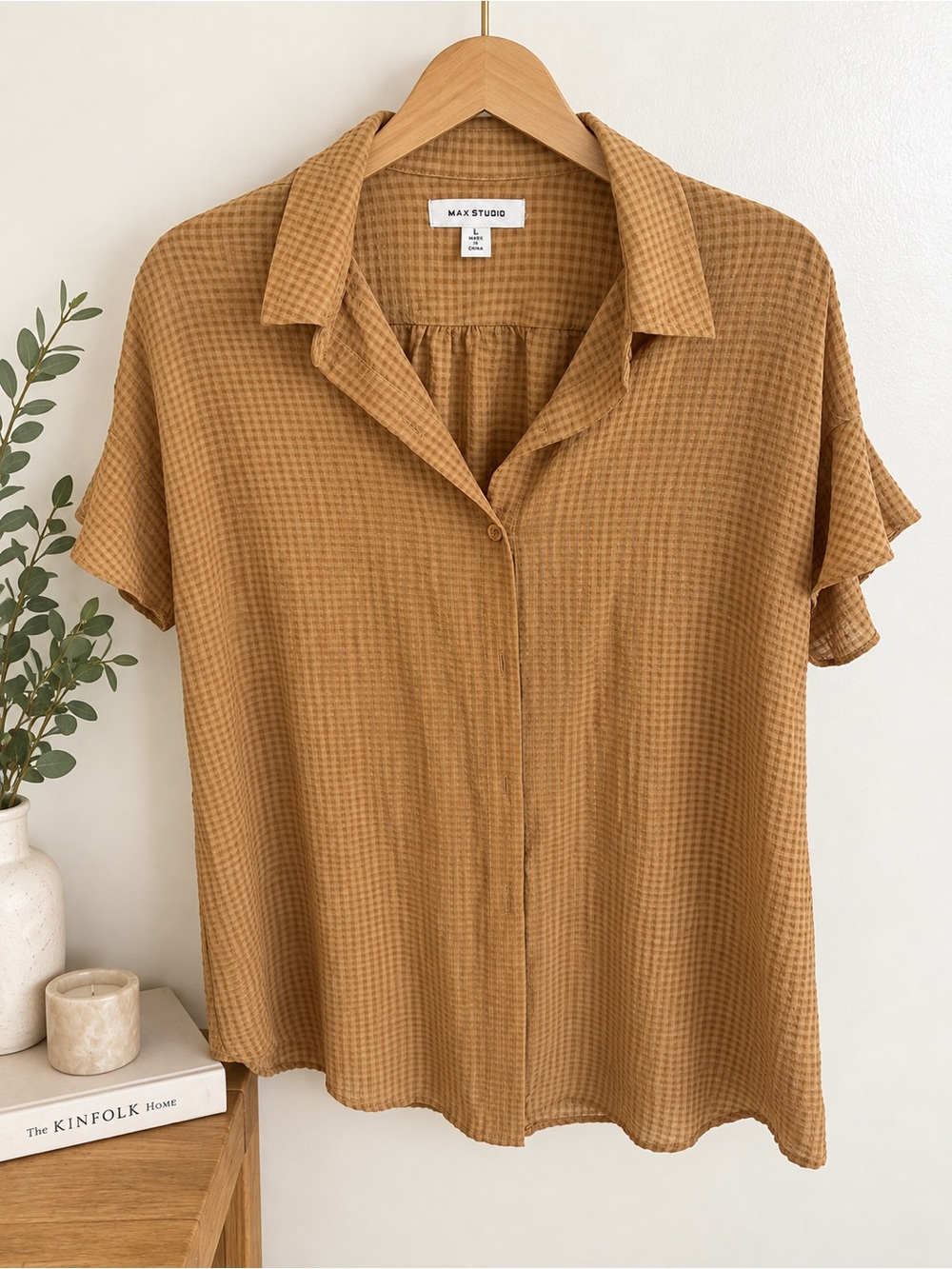 Max Studio Mustard Waffle Short-Sleeve Button Front Shirt